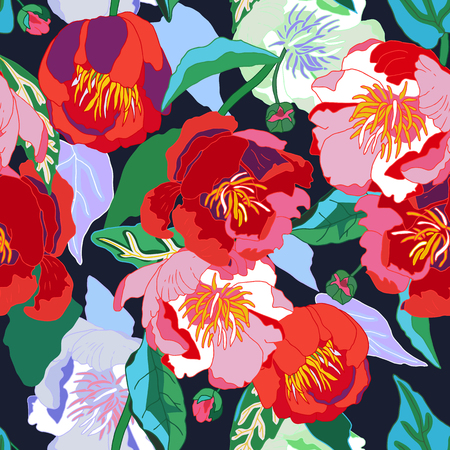 Seamless floral background. Red flowers and leaves on black background.の写真素材