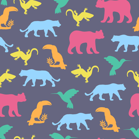 Seamless pattern with isolated animals and birds. The bear , jaguar , toucan, lizards , hummingbirds. Vectorのイラスト素材