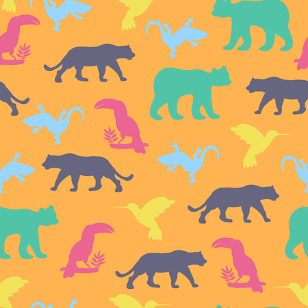 Seamless pattern with isolated animals and birds. The bear , jaguar , toucan, lizards , hummingbirds. Vectorのイラスト素材