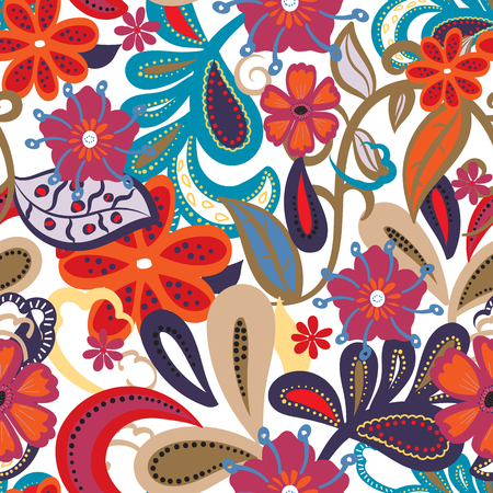 Seamless background.Colorful flowers and leafs on white background.の写真素材
