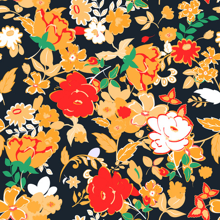 Seamless floral background. Isolated flowers and leafs on black background.の写真素材