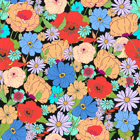 Seamless floral background. Isolated flowers and leafs on black background.の写真素材