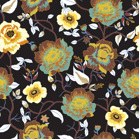 Abstract seamless pattern with isolated flowers and leafs on black background.の写真素材