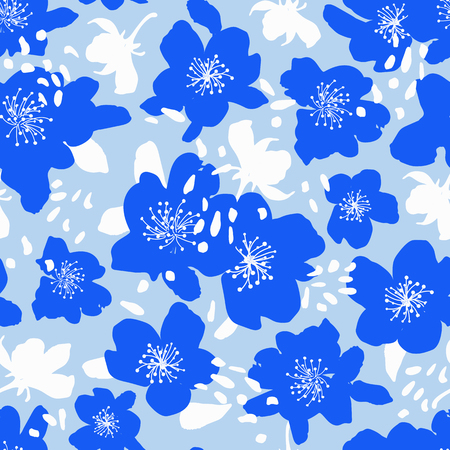 Abstract seamless pattern with blue flowers silhouettes.の写真素材