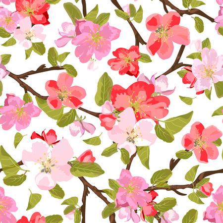 Abstract seamless pattern with isolated hand drawn flowers on branch. Apple-tree flowers . Sakura flowers.の写真素材