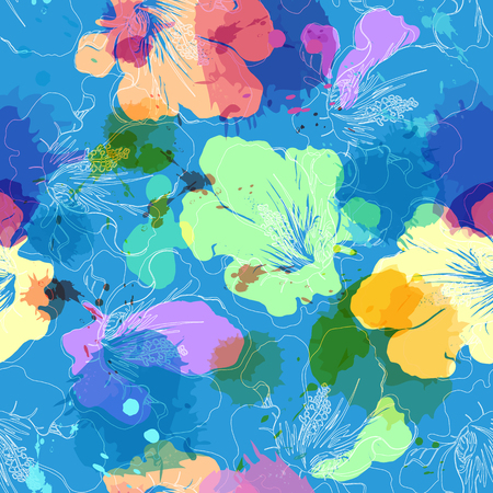 Abstract seamless pattern with hand drawing isolated flowers. Colorful flowers with silhouettes and outlines.の写真素材