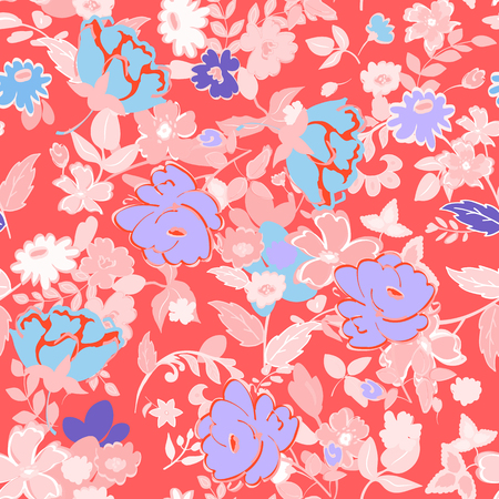 Abstract seamless pattern with isolated hand drawing flowers on red background.の写真素材