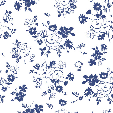 Abstract seamless pattern with isolated blue and white hand drawing flowers.の写真素材