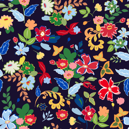 Abstract seamless pattern with hand drawing isolated flowers on black.の写真素材