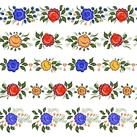 Seamless Folk borders. Isolated colorful flowers and leafs on white bacground.の写真素材