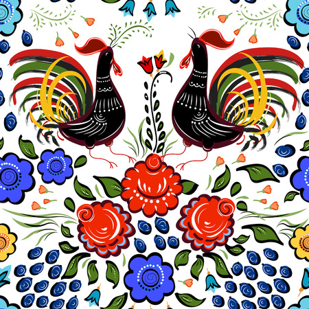Seamless Folk background.Colorful flowers and leafs with cocks on white background.の写真素材