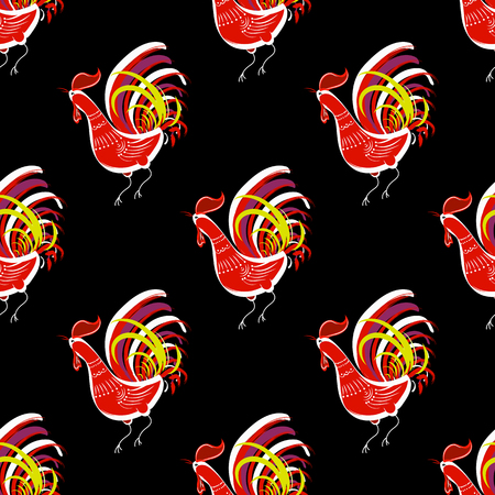 Seamless pattern with color fire cock on black background. Chinese calendar Zodiac for 2017 New Year of red rooster. Isolated vector silhouettes made in folk style.のイラスト素材