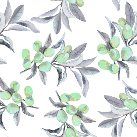 Seamless pattern of olive branch in watercolor. Vector illustration.のイラスト素材