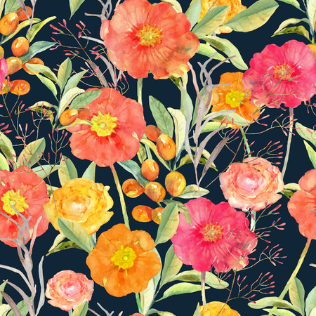 Vector illustration of floral seamless. Hand drawn beautiful colorful flowers in watercolor.のイラスト素材