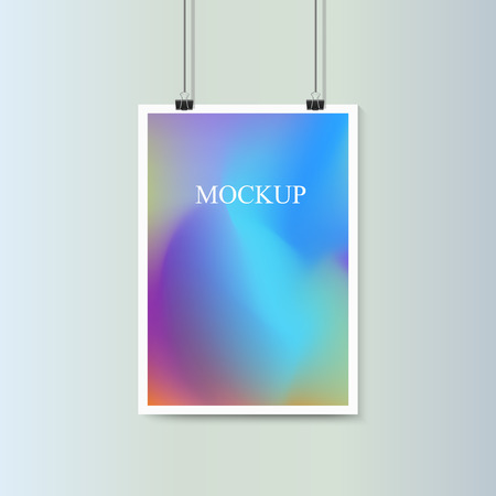 Empty vertical poster with fluid colorful backgrounds. Mockup on grey wall with paper clip.  illustration.のイラスト素材