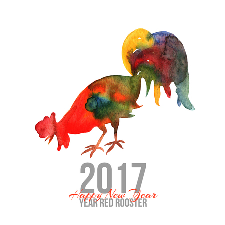 Card with fire cock in watercolor. Chinese calendar Zodiac for 2017 New Year of rooster. Isolated on white.の写真素材