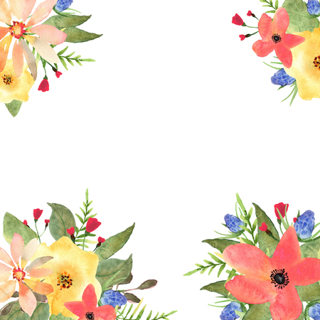 Floral greeting card, invitation, banner. Frame for your text with flowers drawingl watercolor.の写真素材