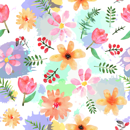 Floral seamless pattern with hand drawn flowers in watercolor on background with imitation of watercolor. Design for print, wallpaper, textile.の写真素材