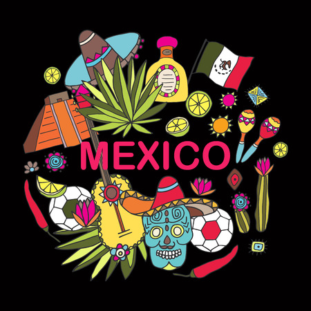 Doodles hand drawn science illustration of Mexico - Temple of Kukulkan, tequila, sombrero, agave, maracas and other culture elements. Mexico-text on backgound. Vector illustration.のイラスト素材