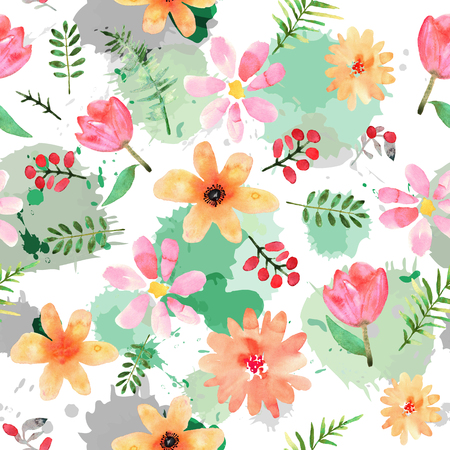 Floral seamless pattern with hand drawn flowers in watercolor on background with imitation of watercolor. Design for print, wallpaper, textile.の写真素材