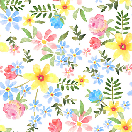 Floral seamless pattern with hand drawn flowers in watercolor on background. Design for print, wallpaper, textile.の写真素材