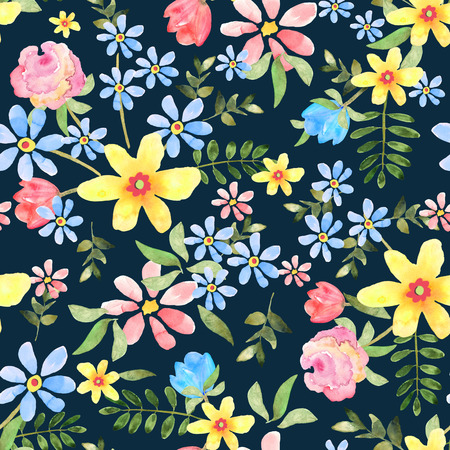 Floral seamless pattern with hand drawn flowers in watercolor on dark blue background. Design for print, wallpaper, textile.の写真素材
