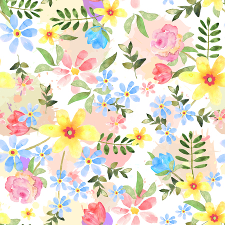Floral seamless pattern with hand drawn flowers in watercolor on background with imitation of watercolor. Design for print, wallpaper, textile.の写真素材