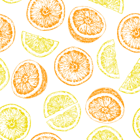Seamless pattern of isolated hand drawn oranges and lemon slicesのイラスト素材