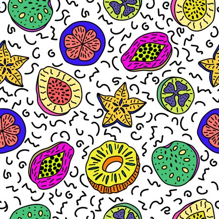 Seamless pattern of isolated hand drawn colorful fruit in memphiのイラスト素材