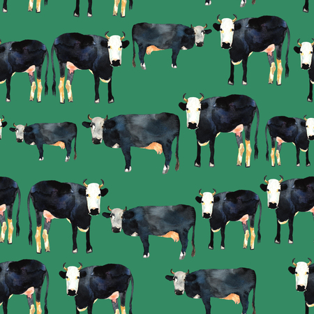 Hand drawn seamless pattern with black and white kine. Cow in watercolor.の写真素材
