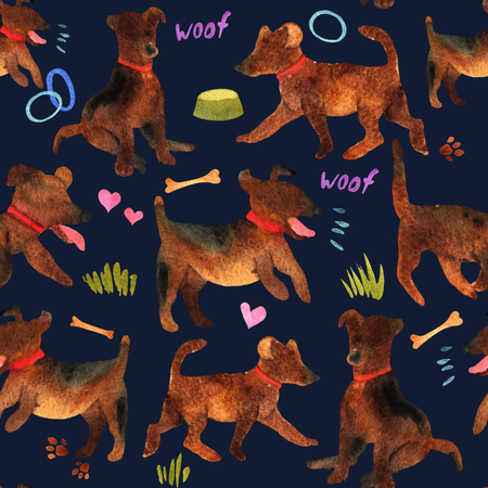 Cute watercolor seamless pattern with dogs and things for thereの写真素材