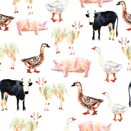 Farm animal seamless pattern drawing in watercolor. Cow, duck, gの写真素材