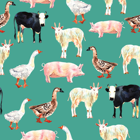 Farm animal seamless pattern drawing in watercolor. Cow, duck, gの写真素材