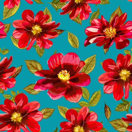 Abstract seamless pattern with isolated hand drawn red flowers on blue background. Vector illustration.のイラスト素材