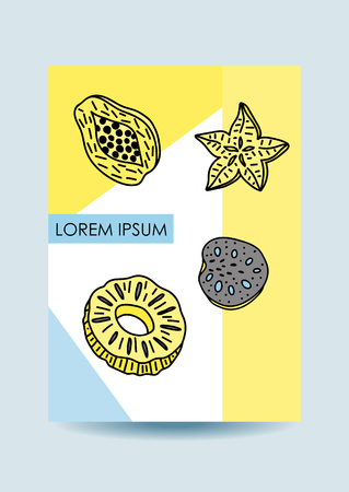 Card with tropical fruits in memphis style. Design for party, invitations. Vector illustration.のイラスト素材