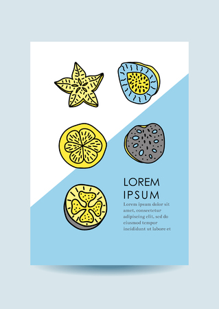 Card with tropical fruits in memphis style. Design for party, invitations. Vector illustration.のイラスト素材