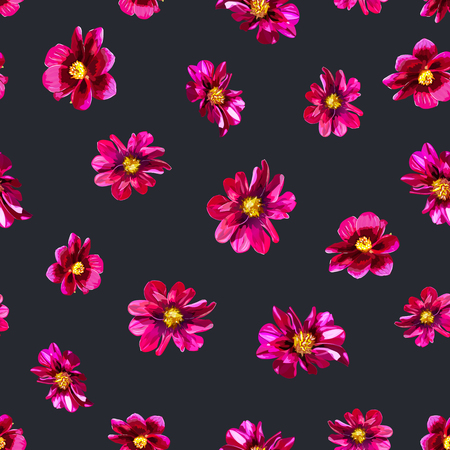 Abstract seamless pattern with isolated hand drawn red flowers on black background. Vector illustration.のイラスト素材
