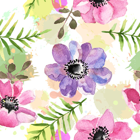Floral seamless pattern with hand drawn flowers in watercolorの写真素材