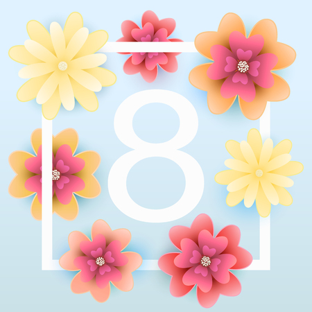 8 March. Mothers day greeting card with blooming red, yellow floのイラスト素材