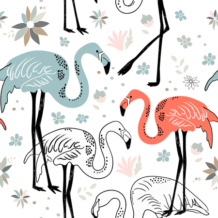 Abstract hand painted seamless animal background. Birds Flamingoのイラスト素材