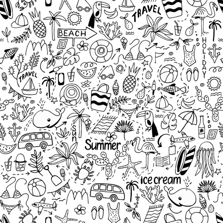 Seamless pattern with summer set of isolated cute images in doodle style.のイラスト素材