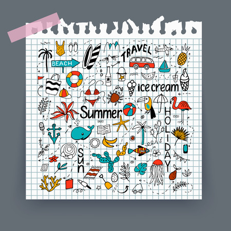 Background with summer set of isolated cute colorful and black and white Illustrations.のイラスト素材