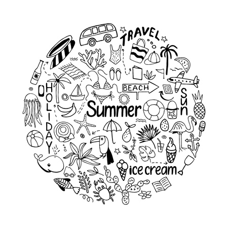 Background in circle with summer set of isolated cute white images.のイラスト素材