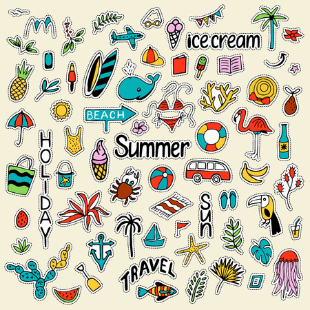 Background with summer set of isolated cute colorful Patches.のイラスト素材