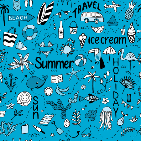 Seamless pattern with summer set of isolated cute images with blのイラスト素材