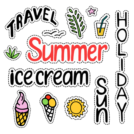 Summer set of isolated cute colorful Patches in doodle style and text.のイラスト素材