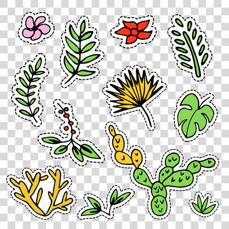 Summer set of isolated cute colorful leaves Patches in doodle style.のイラスト素材