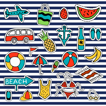 Summer set of isolated cute colorful Patches in doodle style on striped background.のイラスト素材