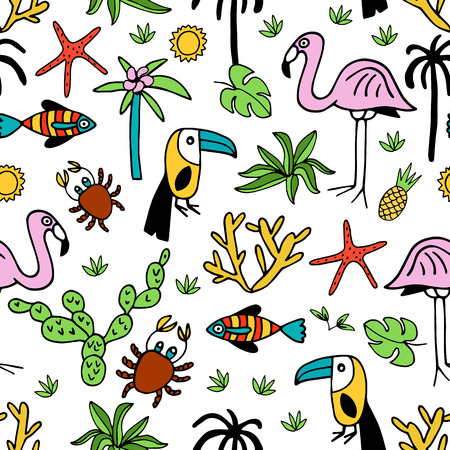 Seamless pattern with summer set of isolated cute images in doodのイラスト素材