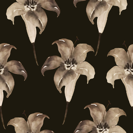 Watercolor flowers hand drawing seamless pattern with Chinese art vector Illustration of isolated lilies on black background
のイラスト素材